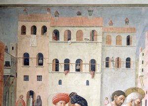 St. Peter heilt einen Krüppel und die Auferweckung der Tabitha Detail der Hintergrundarchitektur, ca. 1427 Fresko von Tommaso Masolino da Panicale