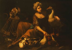 Ein Mädchen füttert Hähne, mit einer Katze auf einem Korb, einer Gans, Ente und anderen Vögeln