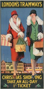 Weihnachtseinkäufe, nehmen Sie ein Ganztagesticket, London County Council LCC Straßenbahnplakat