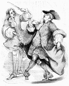 Molière: Der Bürger als Edelmann, Herr Jourdain tanzt unter der Leitung seines Musikmeisters. Gravur von Tony Johannot in der Ausgabe der gesammelten Werke, Paulin 1836.