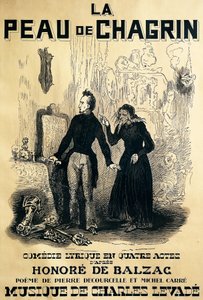 Plakat für Le peau de chagrin, komische Oper, Libretto von Pierre Decourcelle und Michel Carre, Musik von Charles Levade, nach dem Roman von Honore De Balzac, Zeichnung von Tony Johannot von Tony Johannot