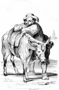 Sancho Panza, Knappe von Don Quijote und sein Esel. Illustration des Romans von Cervantes, veröffentlicht in Frankreich 1845 von Dubochet & Cie, Übersetzung von Louis Viardot, Gravuren von Tony Johannot. von Tony Johannot