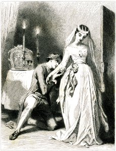 Seufzender Liebhaber kniet zu Füßen seiner schönen Verlobten in einem Kerzenlicht-Interieur - Mädchen in romantischem Kleid und Frisur - Gravur von Tony Johannot (Antoine Johannot) von Tony Johannot