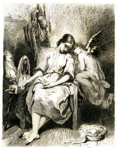 Junge Frau (Spinnerin) schläft an ihrem Rad - ein Engelchen lehnt sich über ihre Schulter - Schlaf - Traum - Träumerei - Liebe - Gravur (Radierung 1845) von Tony Johannot (Antoine Johannot genannt) von Tony Johannot