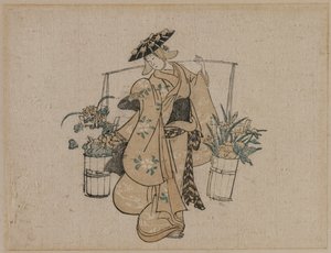Eine Schönheit, die zwei Eimer Blumen trägt, um 1696-1716 von Torii Kiyomasu
