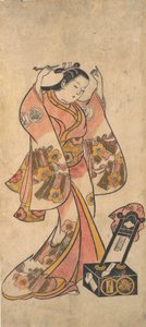 Sanjo Kantaro als Frau, die sich vor einem Lackspiegel die Haare richtet, vor 1763