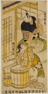 Der Schauspieler Ichikawa Danjuro II als Kenkaya Gorouemon und Segawa Kikunojo I als Osen im Stück "Hatsugoyomi Akinai Soga," aufgeführt im Nakamura Theater im ersten Monat, 1732