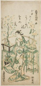 Der Schauspieler Onoe Kikugoro I, rechtes Blatt des "Blumenverkäufer-Triptychons (Hanauri sanpukutsui)" von Torii Kiyomasu II