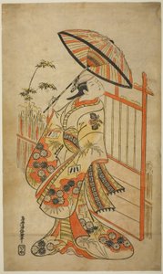 Der Schauspieler Sanogawa Mangiku I als Sanada, die Tochter des Spinners Itoya, im Stück "Hiragana Yomeiri Izu Nikki," aufgeführt im Nakamura Theater im elften Monat, 1718