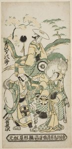 Die Schauspieler Tamazawa Saijiro I als Ushiwakamaru, Segawa Kikunojo I als Oroku und Otani Oniji I als Matano Goro im Stück "Sazareishi Suehiro Genji," aufgeführt im Nakamura-Theater im ersten Monat, 1744 von Torii Kiyomasu II