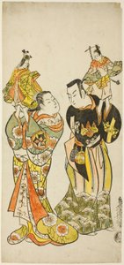 Die Schauspieler Yamashita Kinsaku I und Hayakawa Hatsuse als Puppenspieler im Stück "Tagebuch einer Seereise nach Izu" ("Funadama Izu Nikki"), aufgeführt im Nakamura-Theater im ersten Monat, 1725