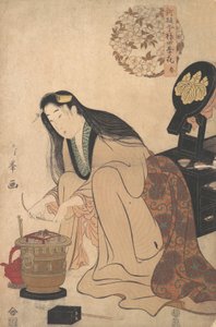 Dame arrangiert Binsashi-Unterstützung für das Haar über den Schläfen, um es in ihr Haar zu stecken von Torii Kiyomine