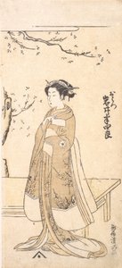 Der vierte Imai Hanshiro in der Rolle O Hatsu in Sakaicho Soga Nendaiki, 2. Monat, 1771 von Torii Kiyomitsu