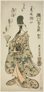 Der Schauspieler Segawa Kikunojo II als Shirabyoshi Renri im Stück "Imayo Dojoji" aufgeführt im Ichimura Theater im elften Monat, 1756