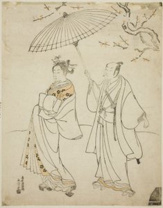 Die Schauspieler Ichikawa Komazo I (L) und Nakamura Matsue I (R)