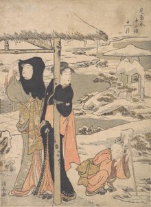 Ein Tag im Winter, zwei Damen und ein Kind in einem Garten von Torii Kiyonaga