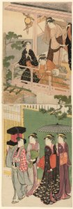 Ein Fächerverkäufer, der unter einem Balkon vorbeigeht von Torii Kiyonaga