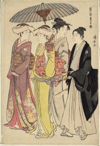 Eine Dame mit drei Dienern, aus der Serie "Ein Brokat östlicher Sitten (Fuzoku Azuma no nishiki)" von Torii Kiyonaga