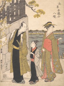 Ein Mann mit einem Jungen und einer Geisha, die den Kinryusan-Tempel besuchen, ca. 1787 von Torii Kiyonaga