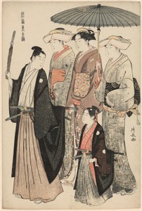 Ein junger Adliger, seine Mutter und drei Diener, aus der Serie "Ein Brokat östlicher Sitten (Fuzoku Azuma no nishiki)"
