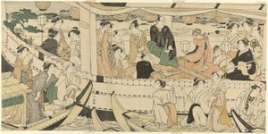Eine Schauspieler-Bootsfahrt auf dem Sumida-Fluss von Torii Kiyonaga