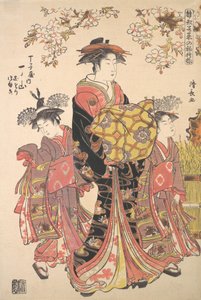 Eine Oiran begleitet von zwei Kamuro