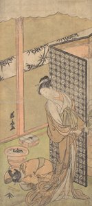 Eine Oiran in Nachtkleidung, pausierend, mit einer Hand auf dem Bildschirm, der ihr Bett umgibt von Torii Kiyonaga