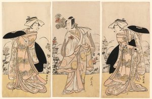 Bando Mitsugoro II als Tennen no Mansaku-kitsune und Ichikawa Monnosuke III als Nikaido Shinanonosuke und Iwai Hanshiro IV als Okura no Kojoro-kitsune in der Szene aus dem Drama Moto Mishi Yuki Sakae Hachi-no-ki