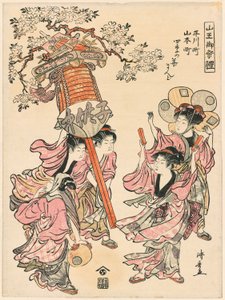 Eine Laterne tragen, dekoriert mit den Blumen der vier Jahreszeiten (Hirakawa-cho Yamamoto-cho shiki no hana mando) aus der Serie "Das Fest des Sanno-Schreins (Sanno go-sairei)" von Torii Kiyonaga