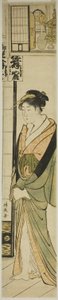 Kurtisane, die unter einem Regal für Talismane steht von Torii Kiyonaga
