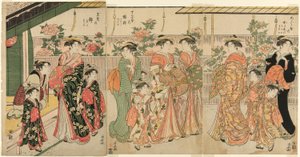 Kurtisanen von Yoshiwara und ihre Begleiter betrachten die Pfingstrosen auf Nakanocho