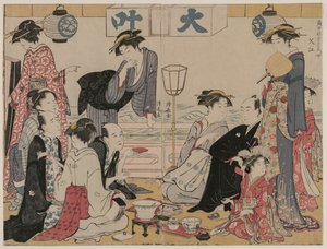 Unterhaltung auf einem Balkon am Wasser in Nakasu..., 1783