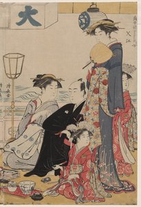 Unterhaltung auf einem Balkon am Wasser in Nakasu, aus der Serie Eine Sammlung schöner moderner Frauen der Vergnügungsviertel von Torii Kiyonaga