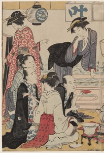 Unterhaltung auf einem Balkon am Wasser in Nakasu, aus der Serie, Eine Sammlung schöner moderner Frauen der Vergnügungsviertel von Torii Kiyonaga