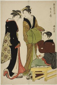 Blumen des Doteshita-Distrikts (Dotebana), aus der Serie "Eine Sammlung zeitgenössischer Schönheiten der Vergnügungsviertel (Tosei yuri bijin awase)"