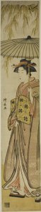Geisha trägt einen Sonnenschirm unter einem Weidenbaum von Torii Kiyonaga