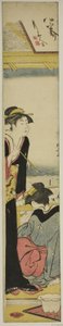Geisha und Dienerin auf einem Balkon mit Blick auf die Bucht von Torii Kiyonaga