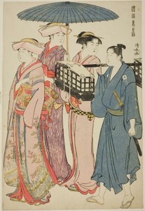 Auf dem Weg zu einem Picknick, aus der Serie "Ein Brokat der östlichen Sitten" von Torii Kiyonaga
