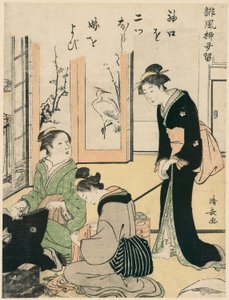 Schwiegermutter neckt die Braut, aus der Serie "Eine Sammlung humorvoller Gedichte (Haifu yanagidaru)" von Torii Kiyonaga