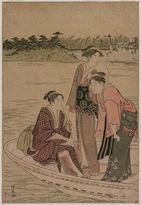 Passagiere in einer Fähre auf dem Sumida-Fluss von Torii Kiyonaga