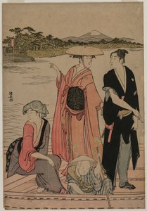 Passagiere in einer Fähre auf dem Sumida-Fluss von Torii Kiyonaga