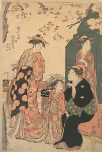 Porträt der Kurtisane Nioteru von Ogiya mit ihren zwei Begleiterinnen Namiji und Ao, ca. 1785