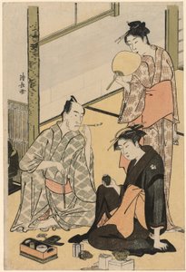 Der Schauspieler Matsumoto Koshiro IV mit seiner Familie, aus einer unbetitelten Serie von vier Drucken, die Schauspieler im Privatleben zeigen