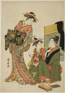 Der Schauspieler Nakamura Riko mit einer Kurtisane, aus einer unbetitelten Serie von Aiban-Drucken, die Schauspieler im Privatleben darstellen
