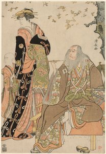 Die Schauspieler Ichikawa Danjuro V als Hige no Ikyu, Nakamura Riko als Agemaki und Ichikawa Ebizo als Agemakis Begleiter im Stück "Sukeroku Yukari no Edozakura" im Nakamura Theater im dritten Monat, 1784 von Torii Kiyonaga