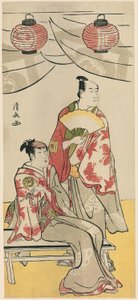 Die Schauspieler Ichikawa Monnosuke II und Segawa Kikunojo III, aus einem Pentaptychon von elf Schauspielern, die das Fest des Schreins der Soga-Brüder feiern