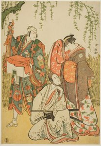Die Schauspieler Ichikawa Yaozo III als Shiragiku, Ichikawa Danjuro V als der Puppenspieler Dekurokubei und Sawamura Sojuro III als Soga no Juro, im Joruri "Shinobukoi Yanagi no Katsura Otoko", aufgeführt im Nakamura-Theater im ersten Monat, 1785