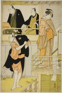 Die Schauspieler Nakamura Riko I als Tanbaya Otsuma und Ichikawa Yaozo III als Furuteya Hachirobei in der joruri "Sakamachi Yoi no Yotsutsuji", aufgeführt im Nakamura-Theater im dritten Monat, 1785 von Torii Kiyonaga