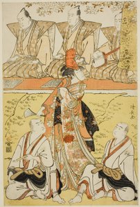 Die Schauspieler Segawa Kikunojo III als Koito, Sawamura Sojuro III als Mönch Sainenbo und Ichikawa Monnosuke II als Mönch Renseibo im Shosa "Mata Saku Hana Museume Dojoji," aufgeführt im Nakamura Theater im vierten Monat, 1783 von Torii Kiyonaga