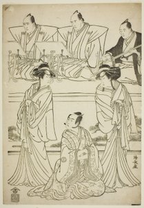 Die Schauspieler Segawa Kikunojo III als Geist von Yatsuhashi, Sawamura Sojuro III als Soga no Juro und Ichikawa Danjuro V als Geist von Seigen, im Stück "Sono Omokage Matsu ni Sakura," aufgeführt im Nakamura Theater im ersten Monat, 1783 von Torii Kiyonaga